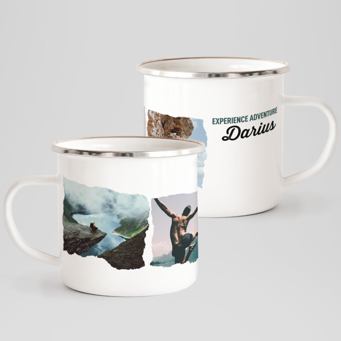 Tasse métallique émaillée avec 3 photos et un message - Experience adventure