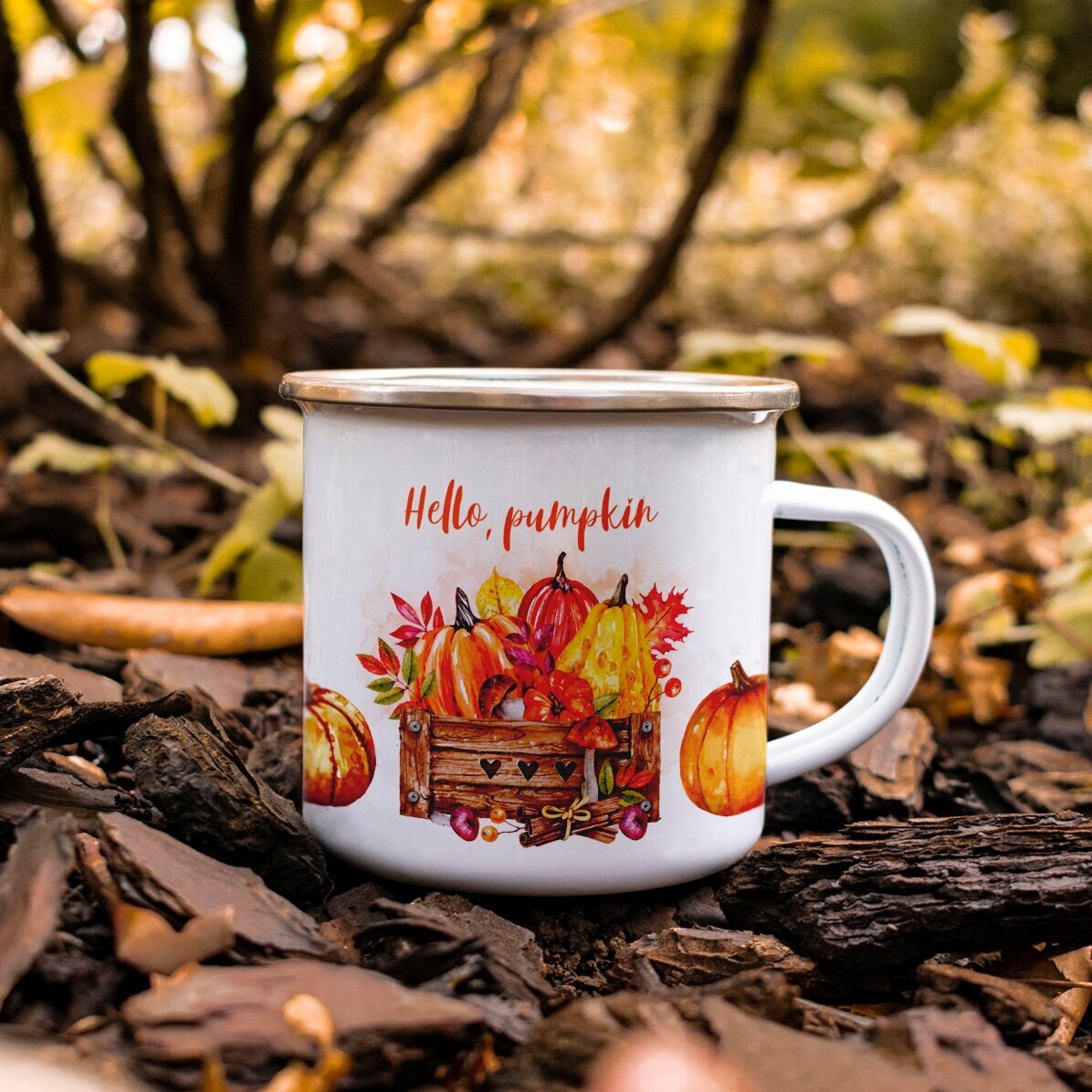 Geëmailleerde metalen mok met tekst - Hello, pumpkin