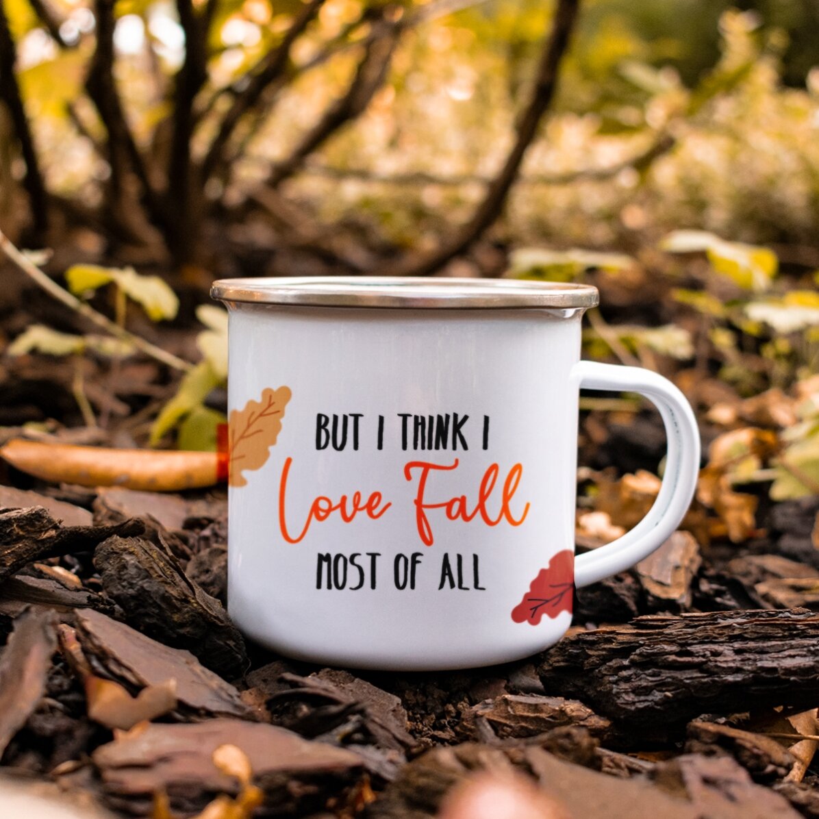 Geëmailleerde metalen mok met tekst - I love fall