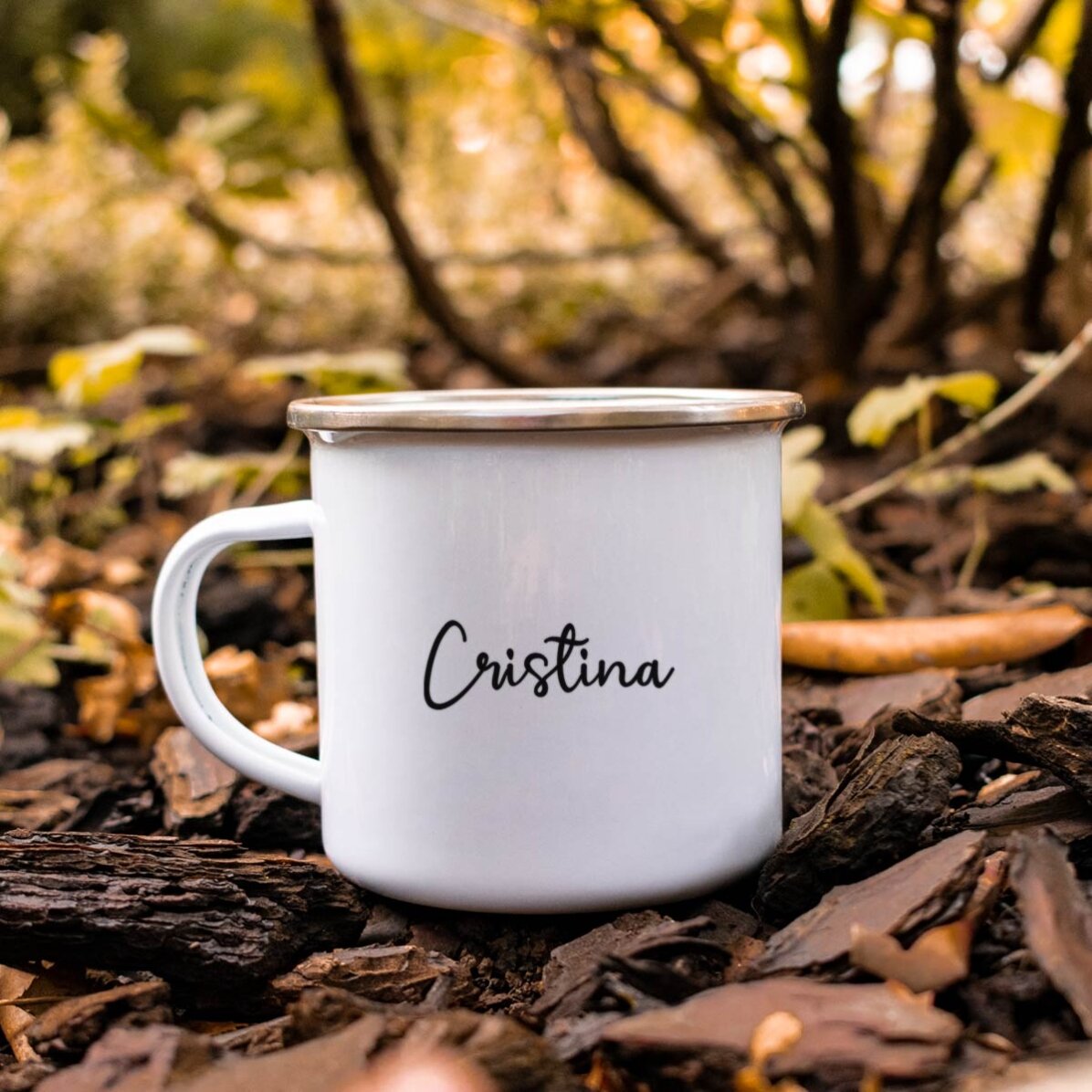 Geëmailleerde metalen mok met tekst - I love fall