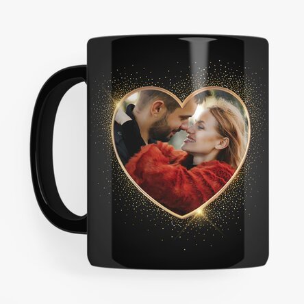 Gepersonaliseerde zwarte mok met een foto en tekst - 2 zielen