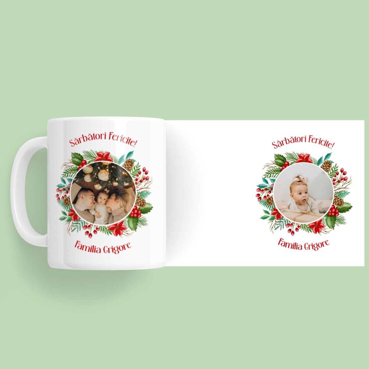 Tasse personnalisée avec 2 photos et un message - Joyeuses fêtes !