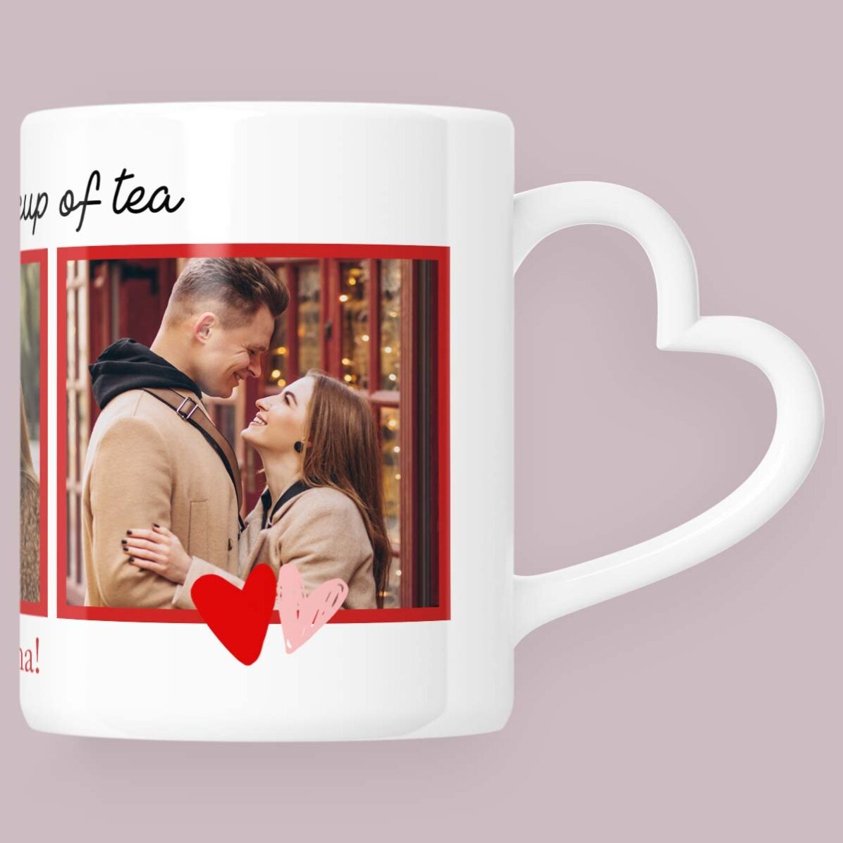 Tasse personnalisée avec 3 photos et un texte - « My favorite » - modèle avec anse en forme de cœur