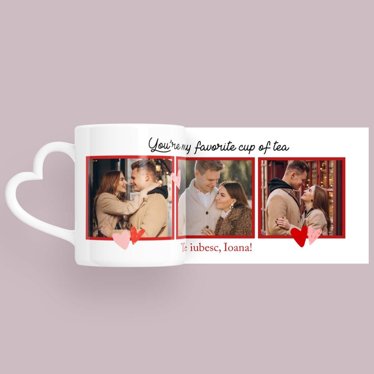 Tasse personnalisée avec 3 photos et un texte - « My favorite » - modèle avec anse en forme de cœur