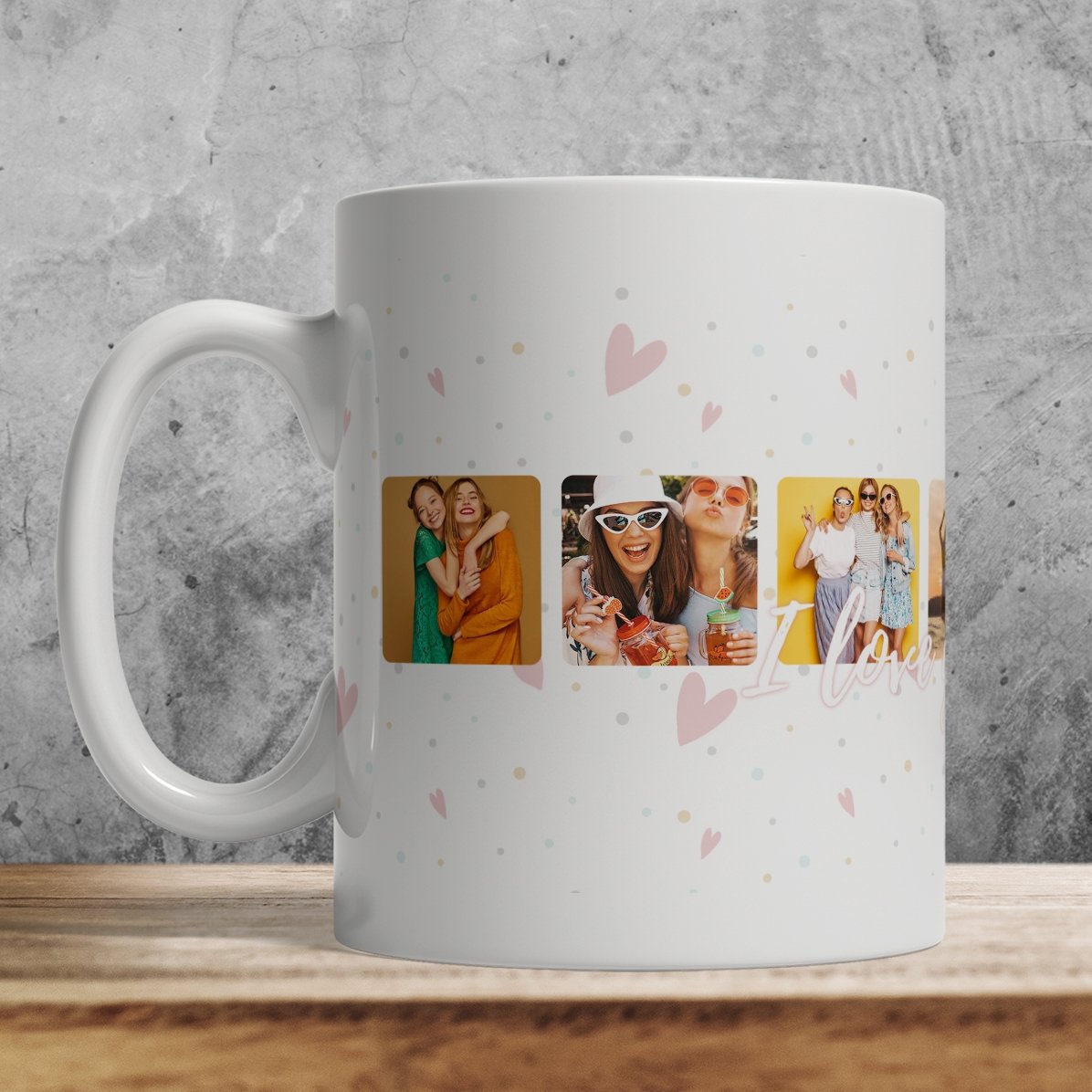 Gepersonaliseerde mok met 6 vierkante foto’s en de tekst ‘I love You’ – Vier de liefde