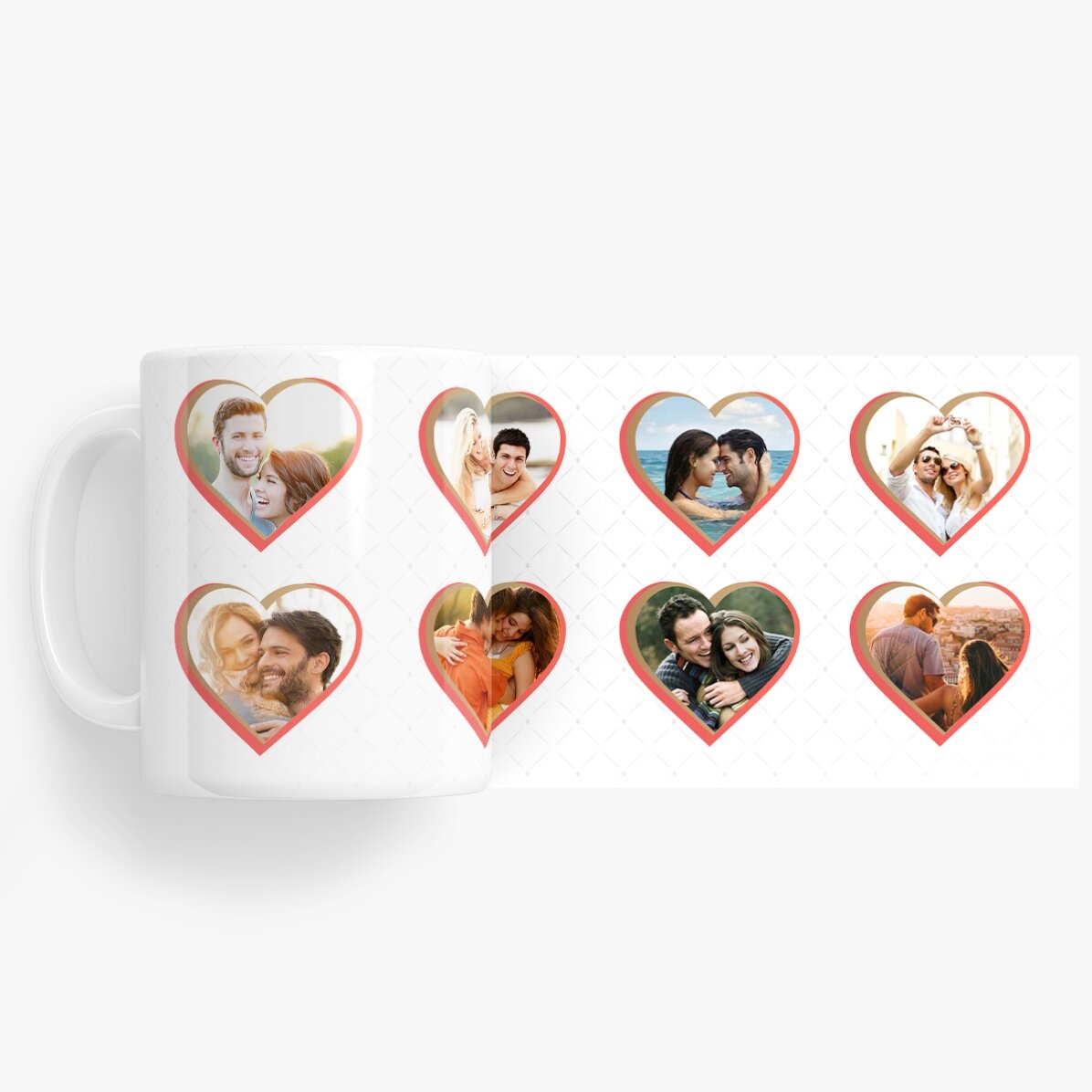 Gepersonaliseerde mok met 8 foto’s in de vorm van een hart