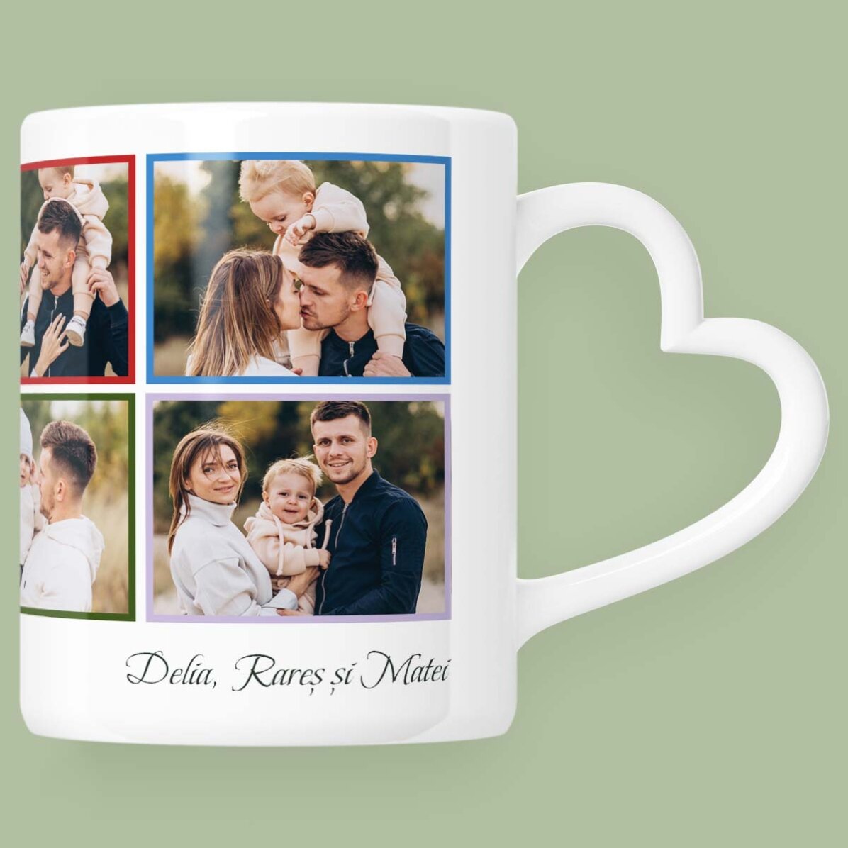 Gepersonaliseerde mok met 8 foto’s en tekst – model met hartvormig handvat