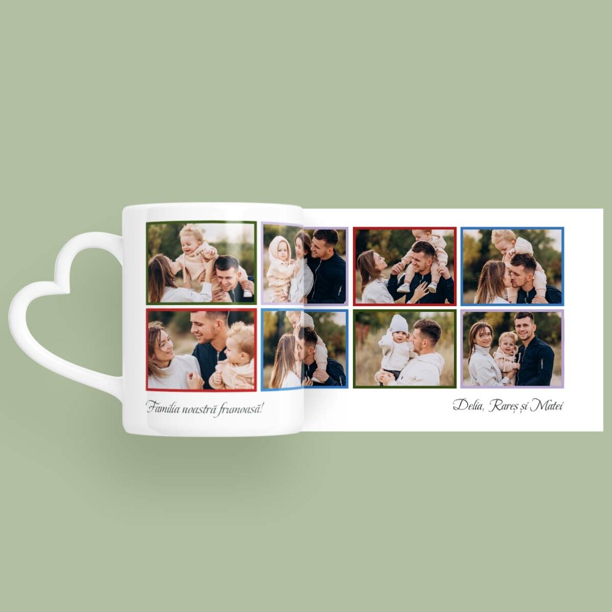 Gepersonaliseerde mok met 8 foto’s en tekst – model met hartvormig handvat