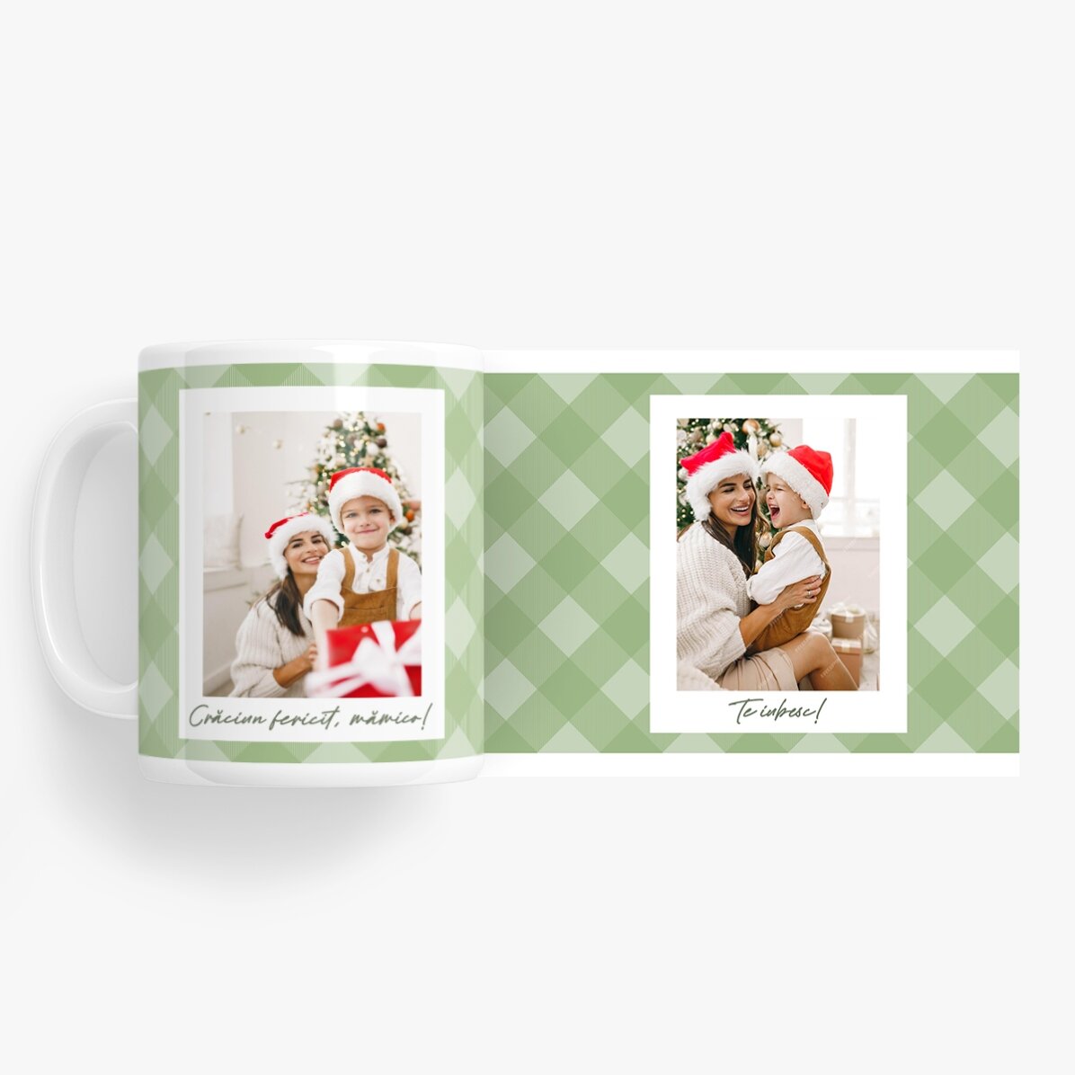 Tasse personnalisée avec deux photos et un texte - Carreaux verts