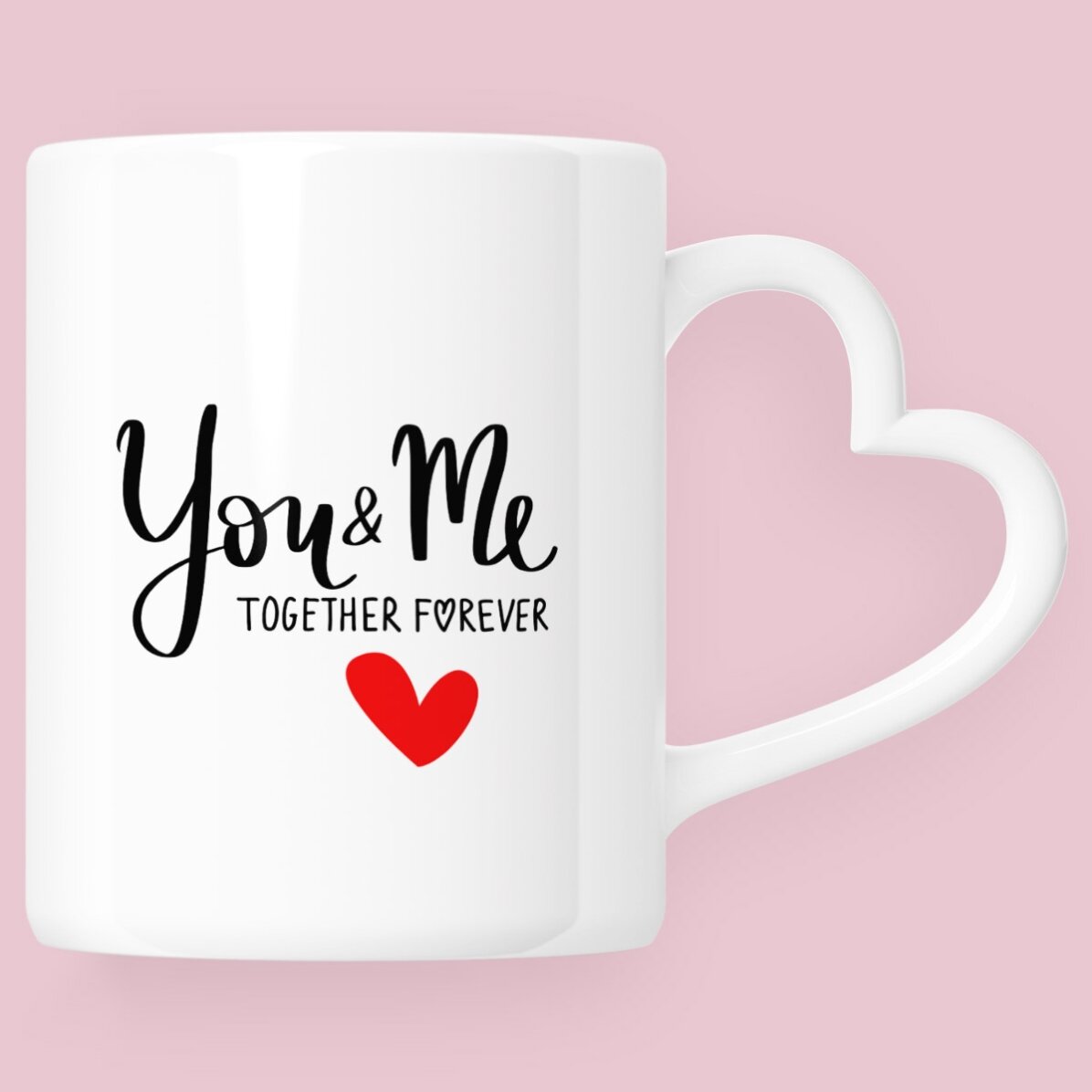 Gepersonaliseerde mok met een foto en tekst - You&Me - model met hartvormig handvat