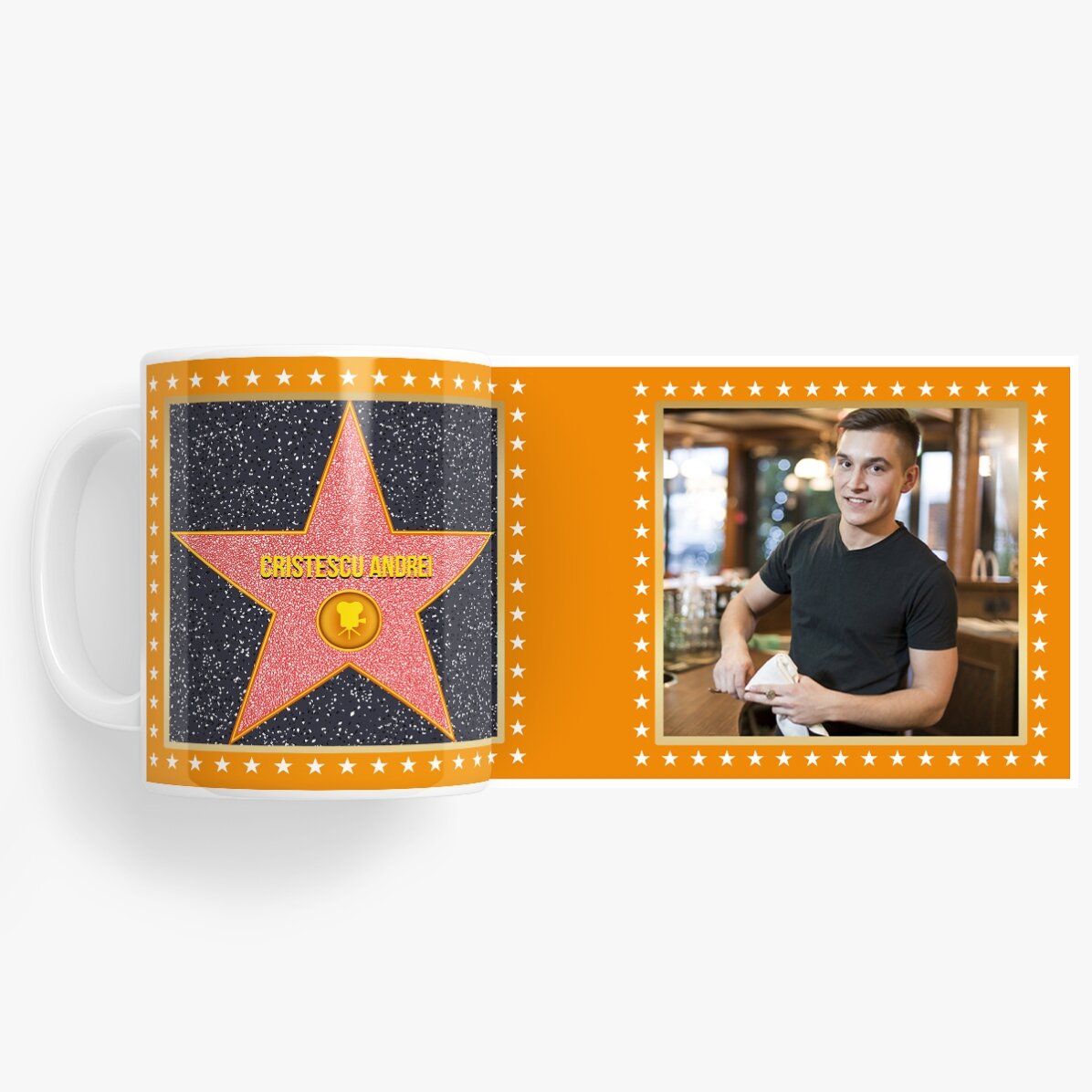 Gepersonaliseerde mok met een foto - Ster van Dankbaarheid, oranje achtergrond