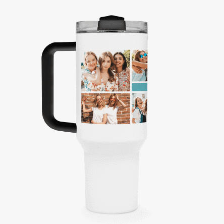 Thermosfles met handvat en rietje, gepersonaliseerd met een fotocollage en een boodschap