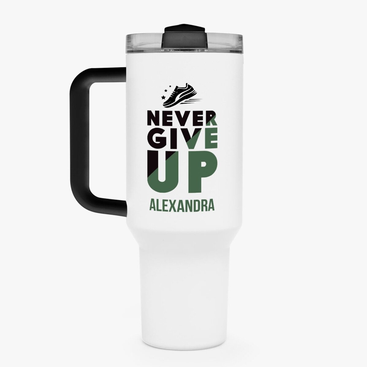 Thermosfles met handvat en rietje, gepersonaliseerd met naam - Never give up