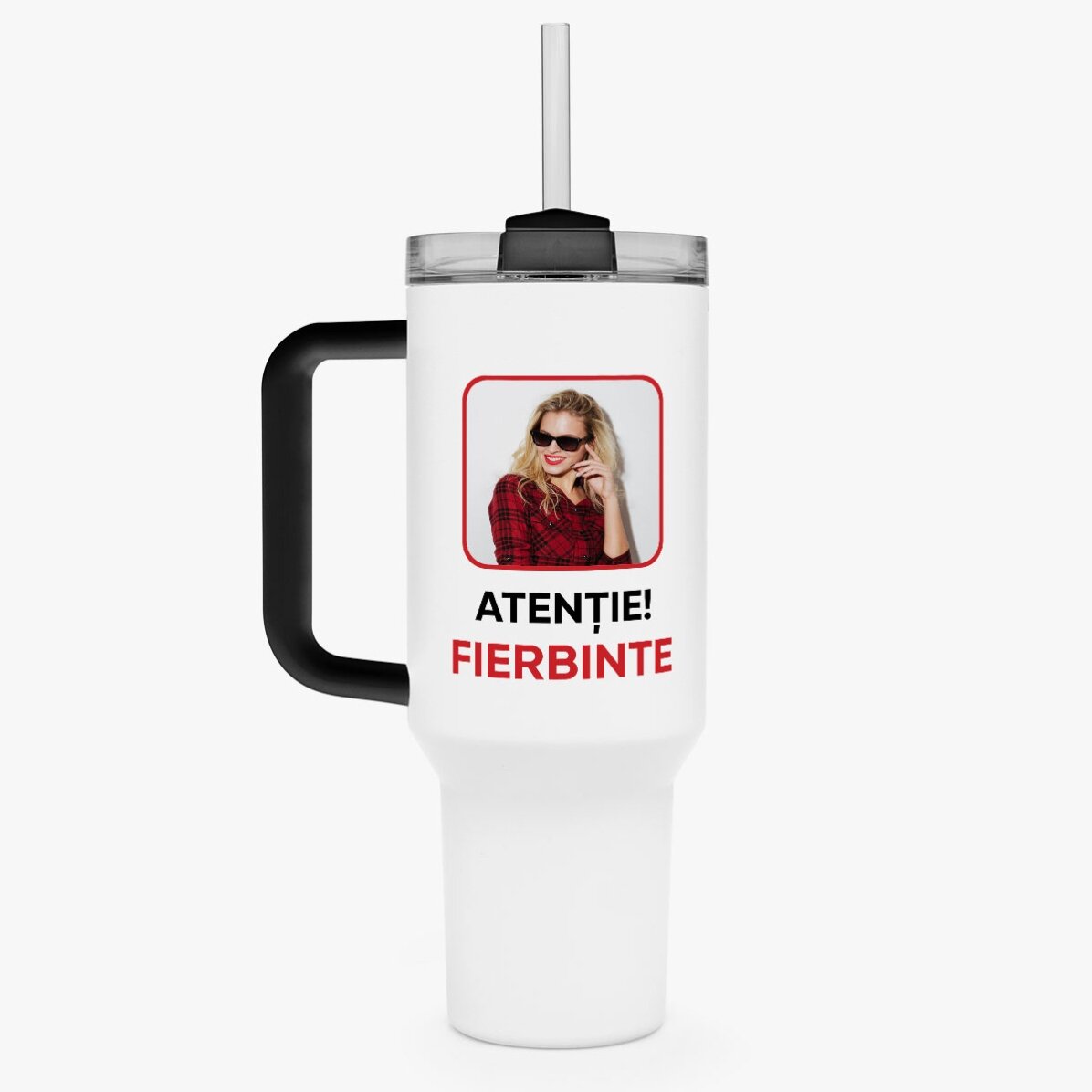 Thermosbeker met handvat en rietje, gepersonaliseerd met een foto en tekst - Fierbinte
