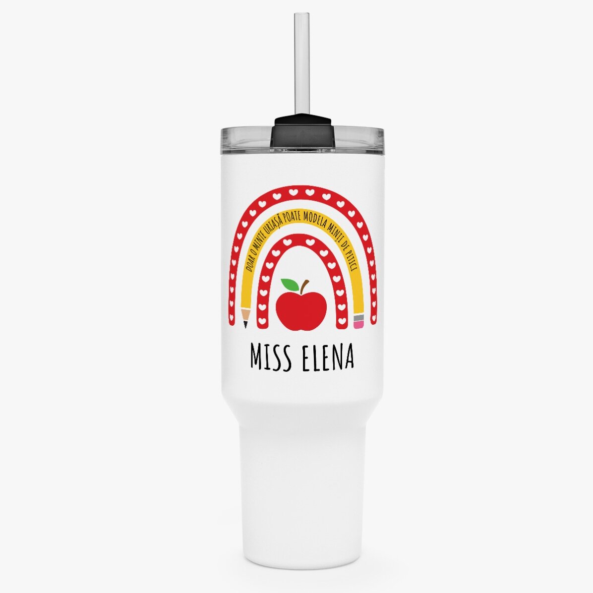 Tasse isotherme avec poignée et paille, personnalisée avec un prénom - Teacher