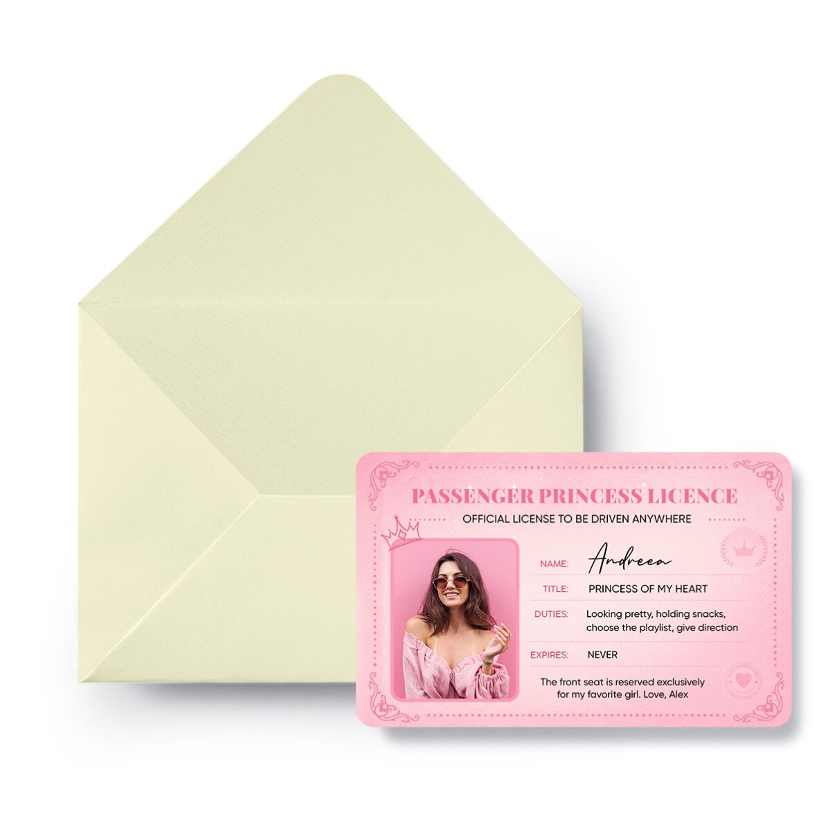 Carte en aluminium personnalisée recto-verso avec une photo et un texte - Passenger Princess