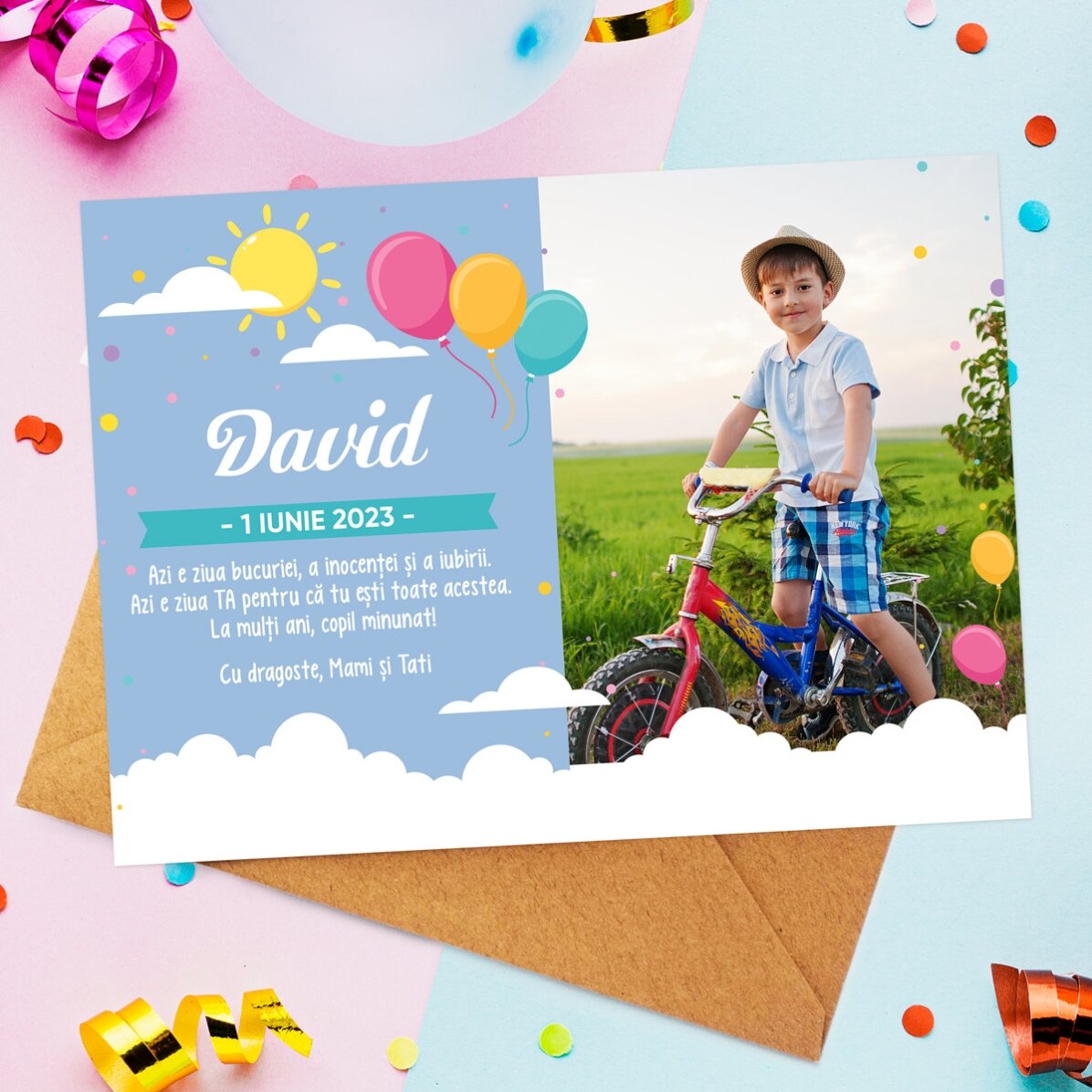 Gepersonaliseerde kaart met boodschap en foto voor Kinderdag