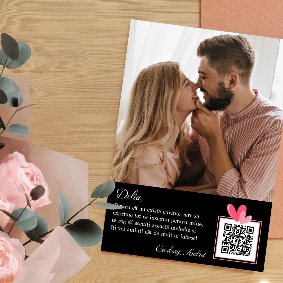 Carte personnalisée avec une photo, un texte et un code QR - Love