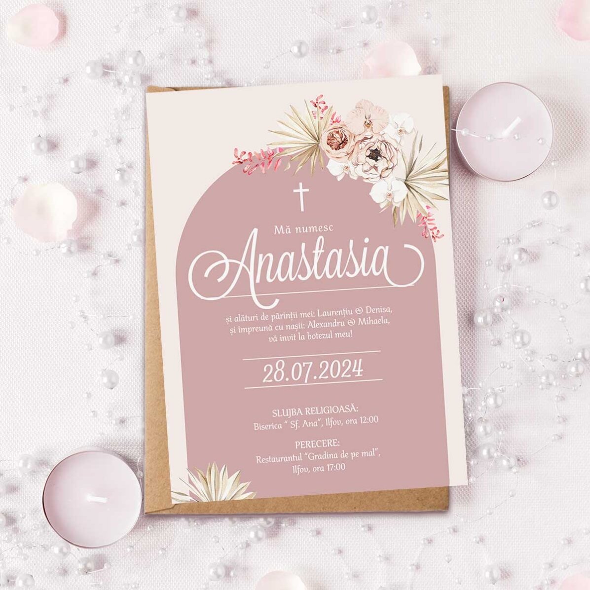 Carte personnalisée avec texte - Invitation à un baptême - Pink Elegance