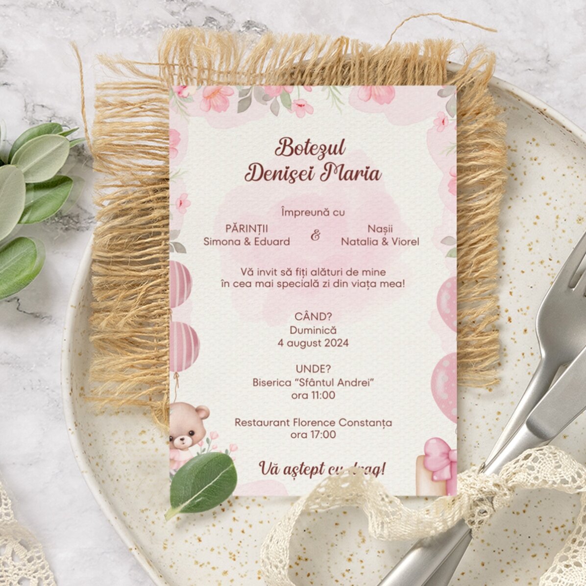 Carte personnalisée avec texte - invitation à un baptême - Rose