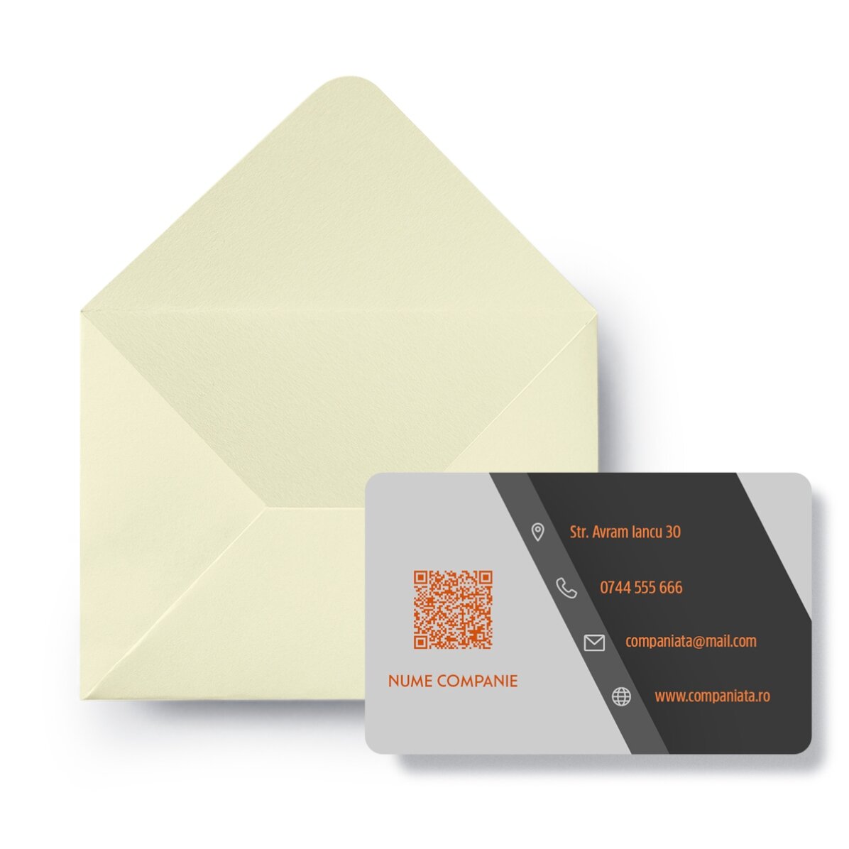 Gepersonaliseerd aluminium visitekaartje, bedrukt aan beide zijden met logo, QR-code en tekst