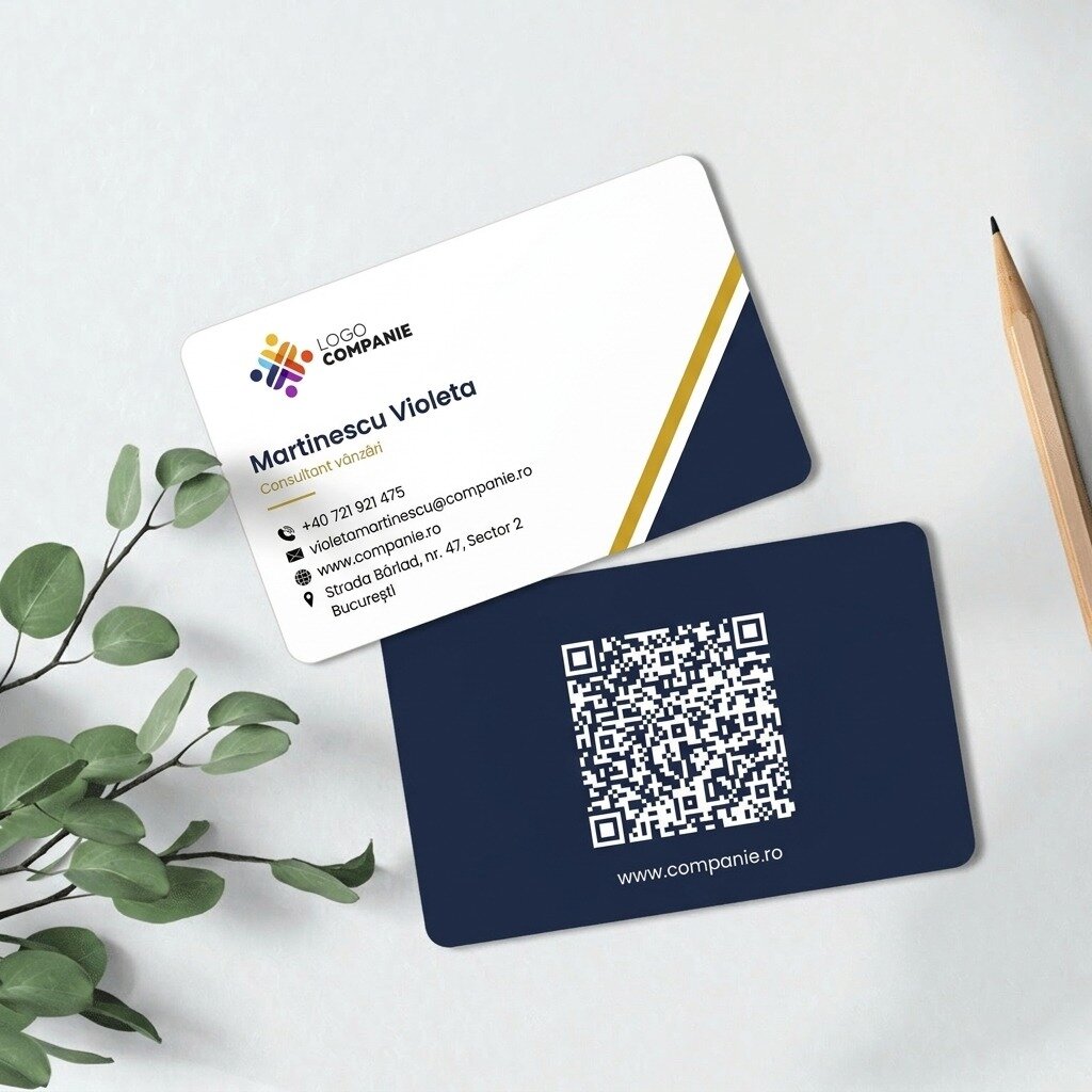 Gepersonaliseerd visitekaartje van aluminium, geometrisch ontwerp, logo en QR-code