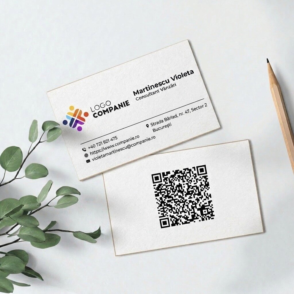 Op maat gemaakte visitekaartjes van papier, dubbelzijdig bedrukt, met QR-code en contactgegevens