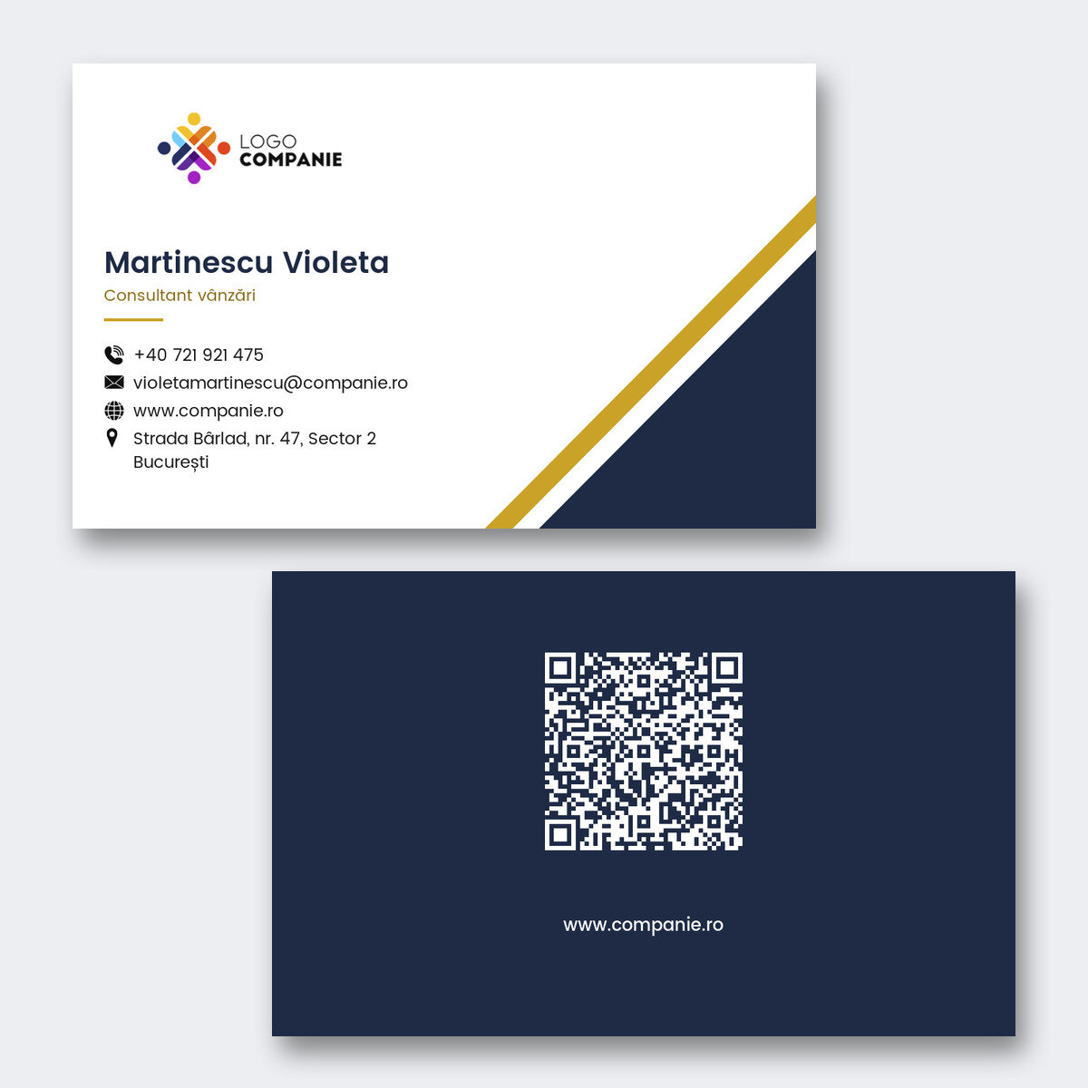 Gepersonaliseerde visitekaartjes op papier, geometrisch ontwerp, logo en QR-code