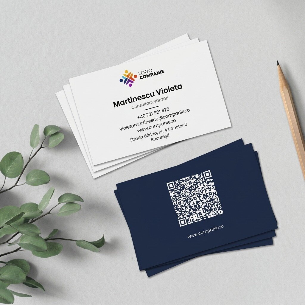 Gepersonaliseerde visitekaartjes van papier, minimalistisch ontwerp, logo en QR-code