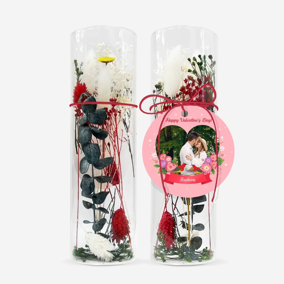 Glasornament met geconserveerde bloemen, gepersonaliseerd met tekst en foto - Love