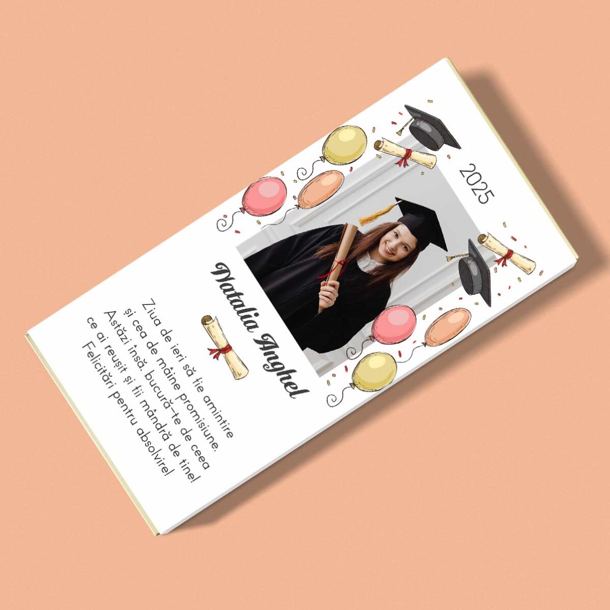 Chocolade met een foto en tekst erop - Afstuderen