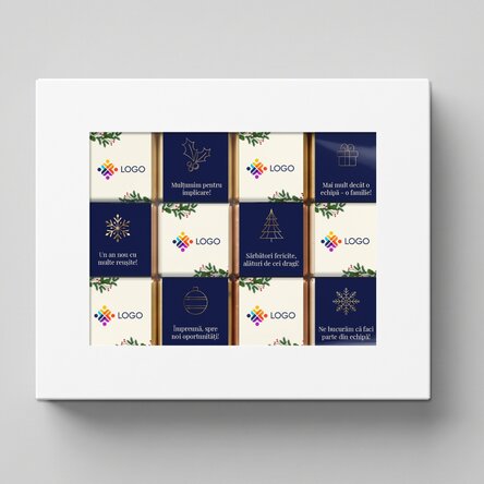 Coffret cadeau contenant 12 mini-chocolats personnalisés avec un logo et un message de Noël