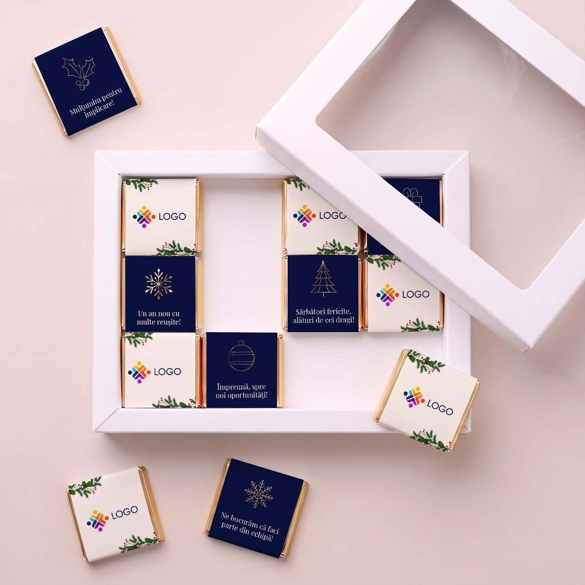 Geschenkdoos met 12 mini-chocoladehapjes, gepersonaliseerd met logo en kerstboodschap