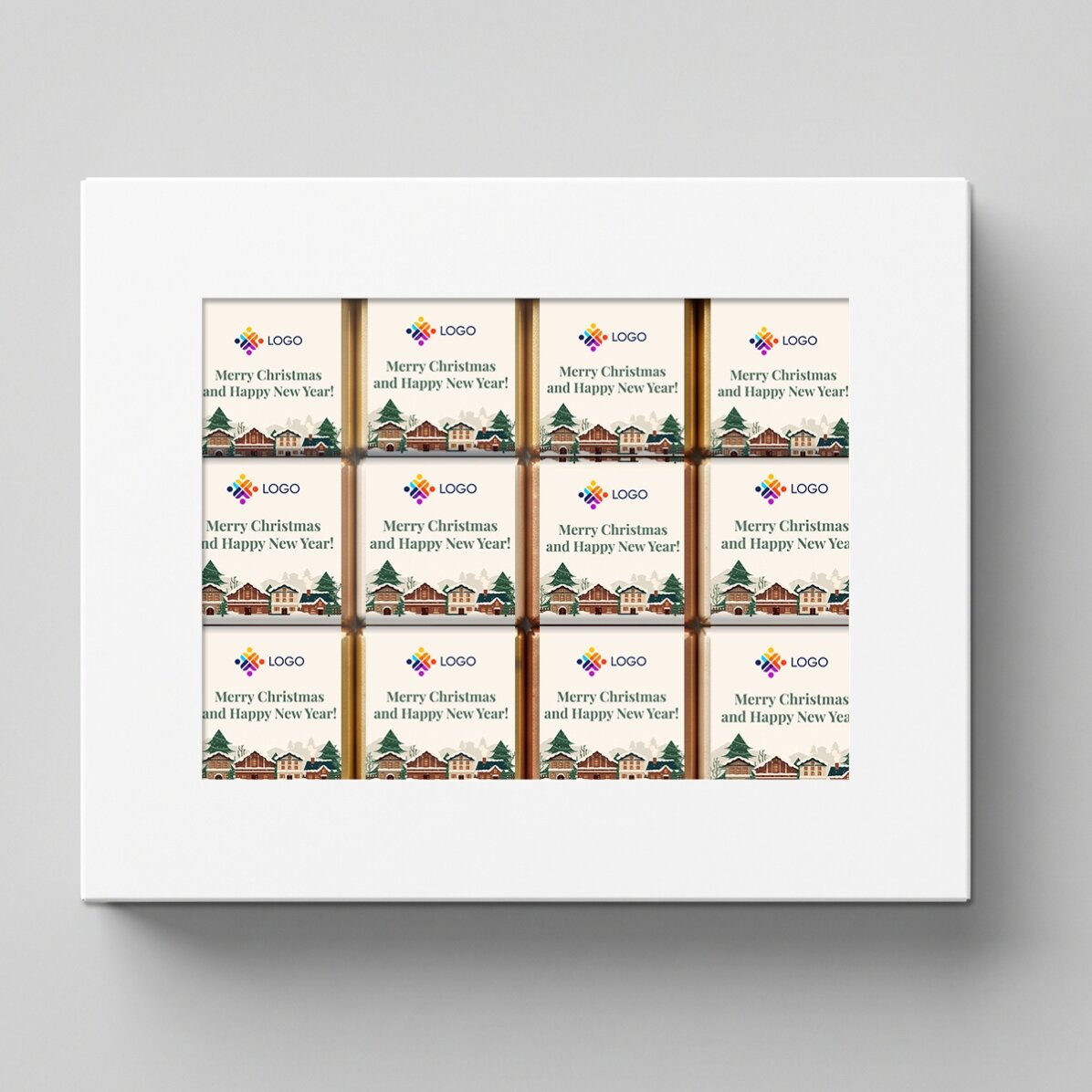 Geschenkdoos met 12 mini-chocoladehapjes, gepersonaliseerd met logo en kerstboodschappen