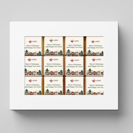 Coffret cadeau contenant 12 mini-chocolats personnalisés avec un logo et des messages de Noël