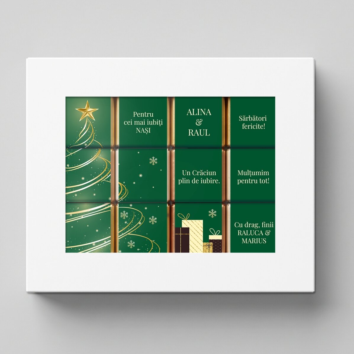 Geschenkdoos met 12 gepersonaliseerde minichocolade met boodschappen - Kerstboom