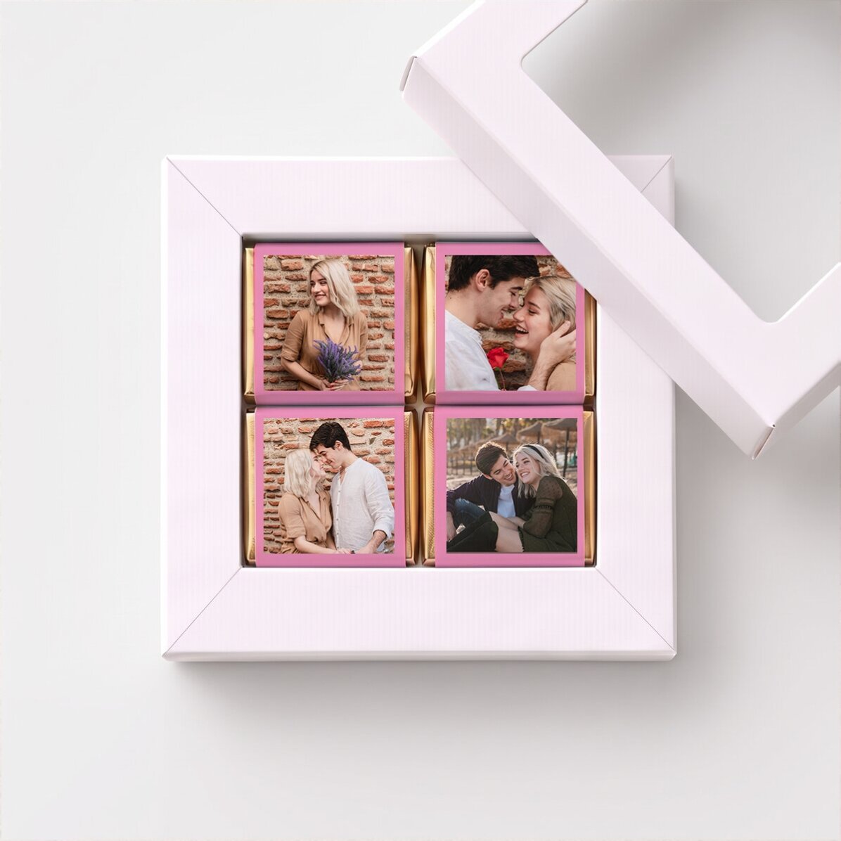 Geschenkdoos met 4 mini-chocoladehapjes, gepersonaliseerd met foto’s
