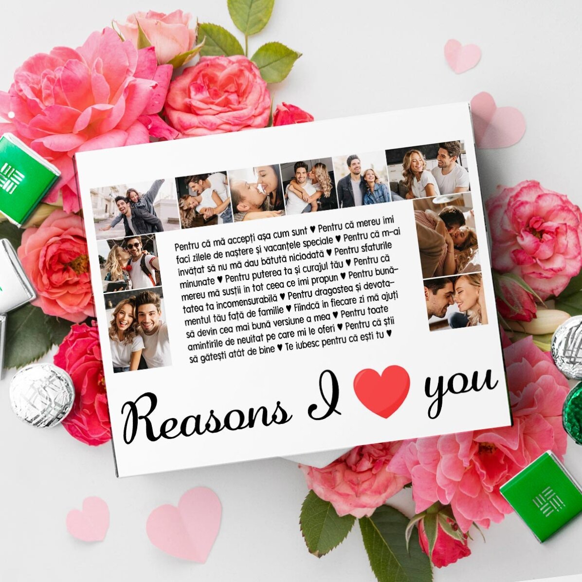 Boîte de bonbons personnalisée avec 20 photos et un texte - « Reasons I love you »