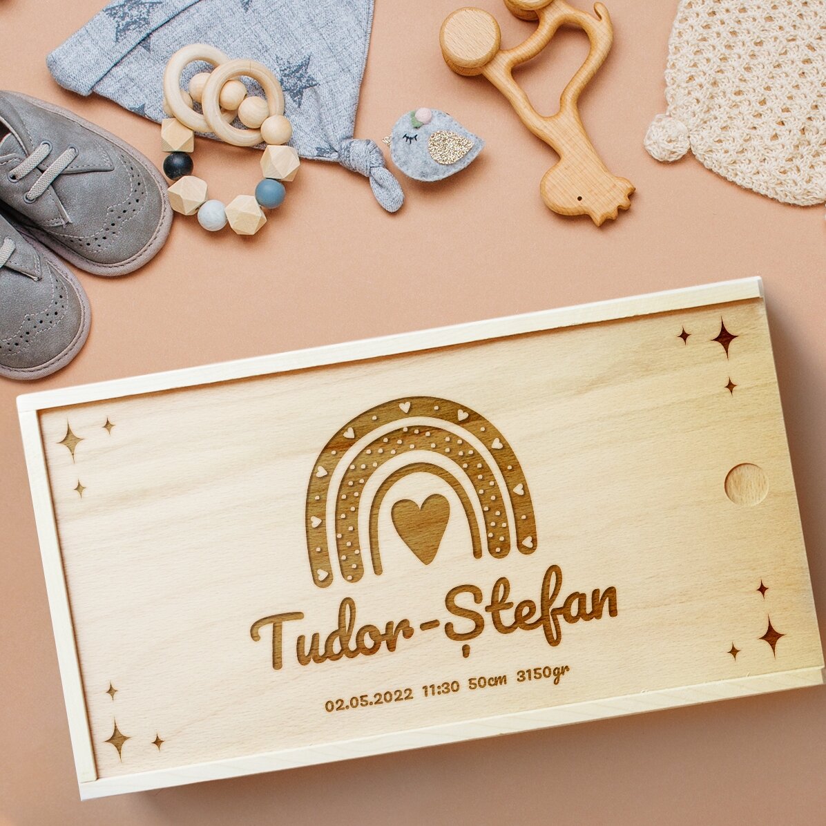 Gepersonaliseerde houten geschenkdoos met tekst - De herinneringsdoos voor pasgeborenen