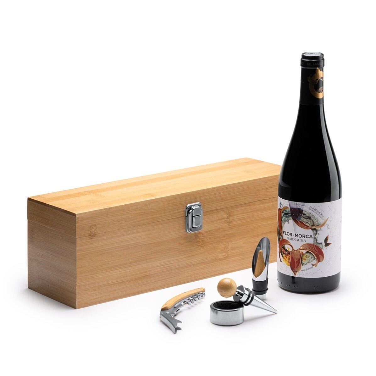 Bamboe wijnkist met accessoires, gepersonaliseerd met logo en tekst