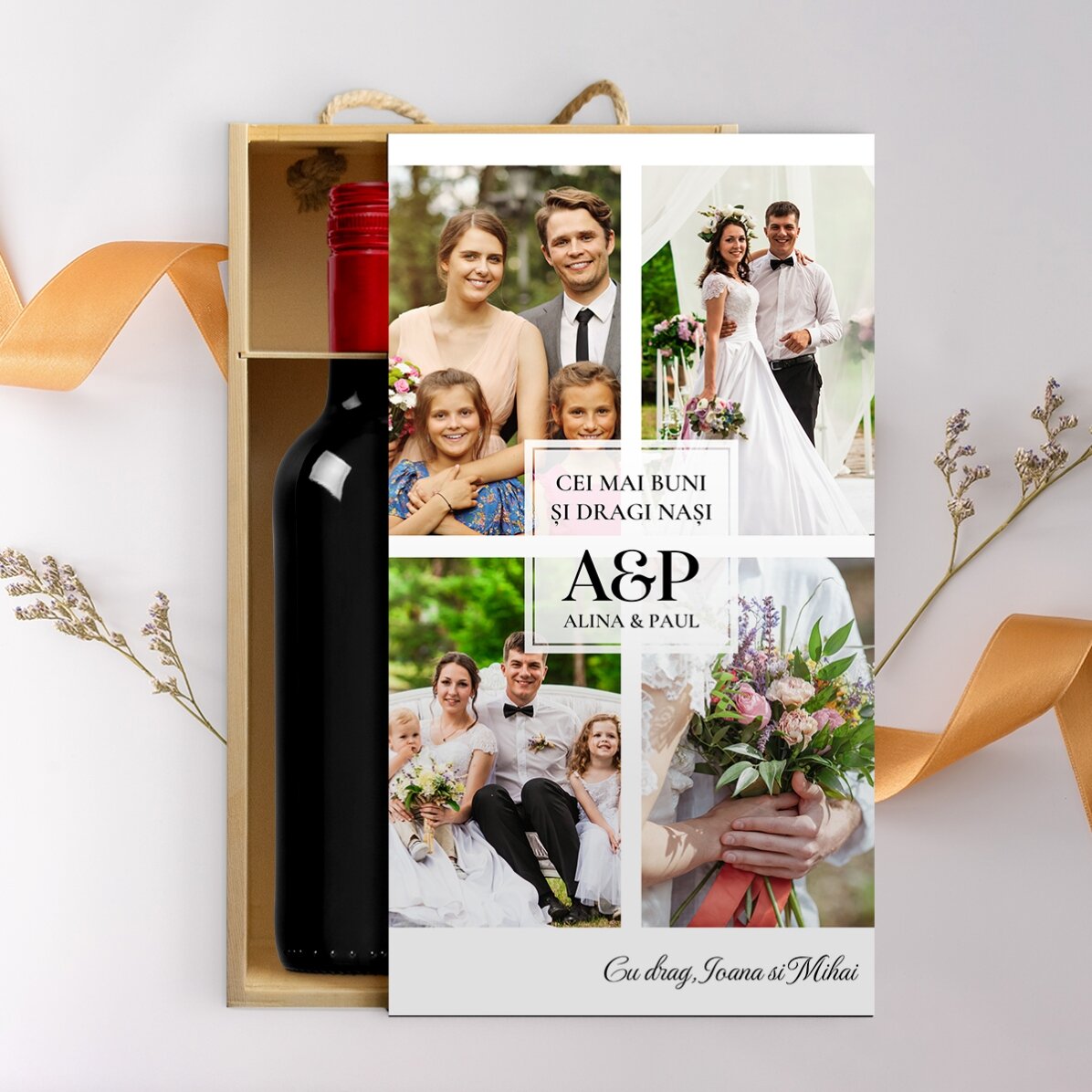 Coffret à vin pour 2 bouteilles, personnalisé avec 4 photos et un texte - Joyeux anniversaire