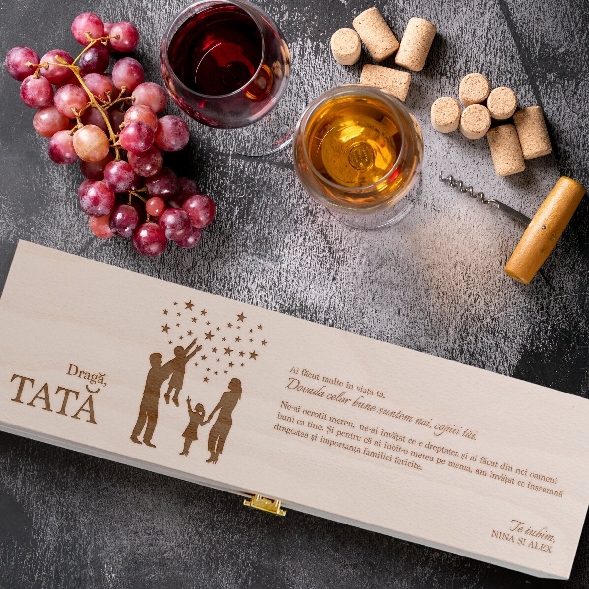 Caisse de vin personnalisée avec un message pour papa - Siluettes