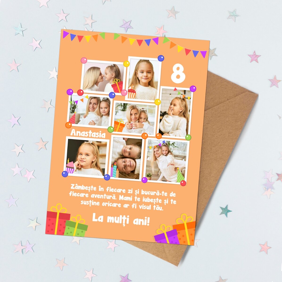 Carte de vœux magnétique personnalisée avec 8 photos et un message pour les enfants - Anniversaire