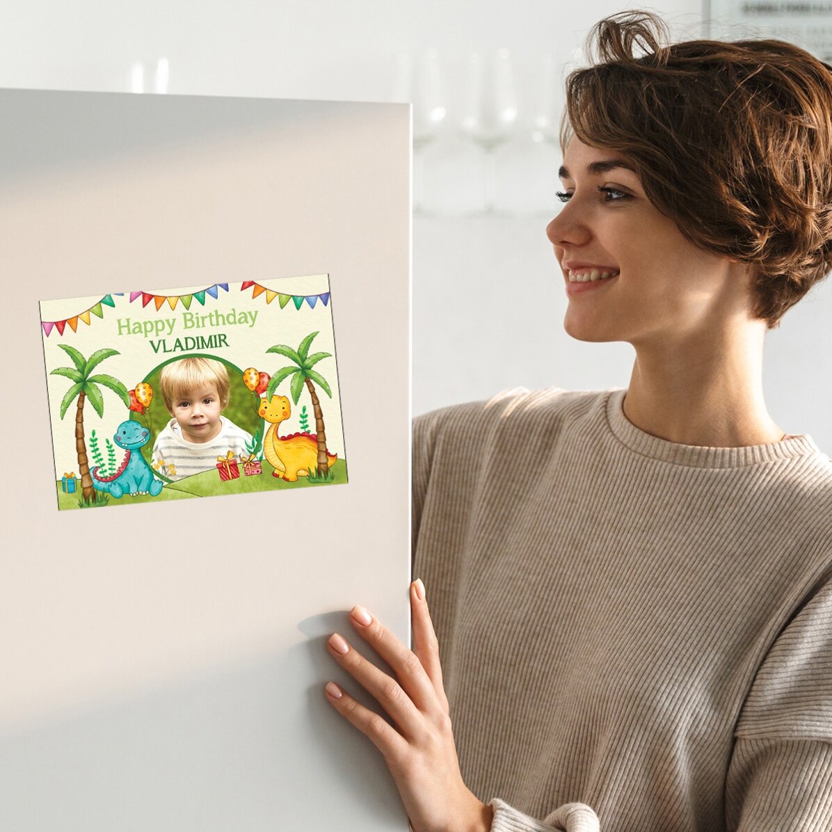 Gepersonaliseerde magnetische wenskaart met een foto en een boodschap voor kinderen - Dinosaurussen