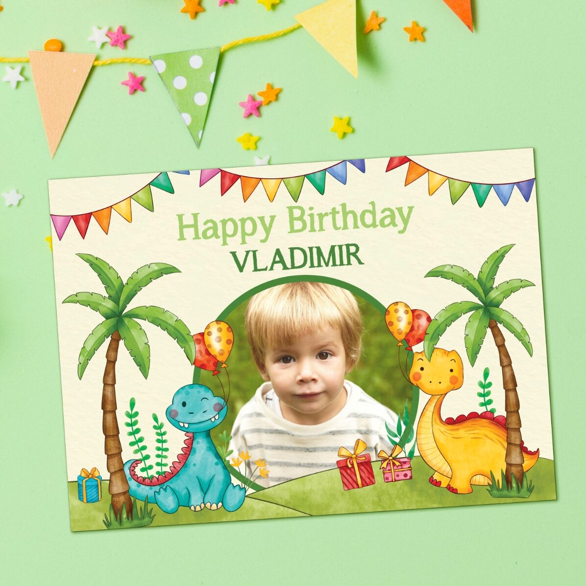 Gepersonaliseerde magnetische wenskaart met een foto en een boodschap voor kinderen - Dinosaurussen
