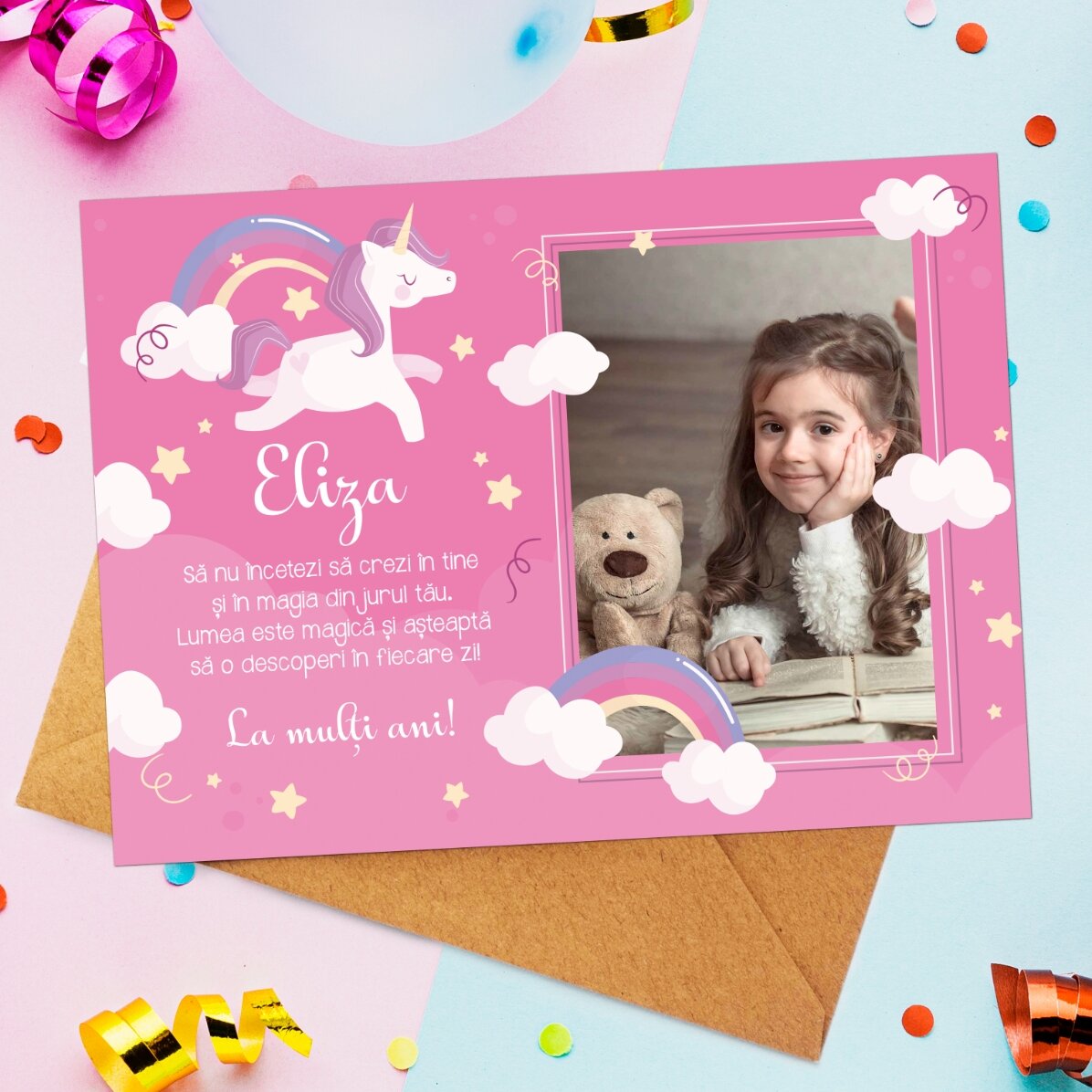 Gepersonaliseerde magnetische wenskaart met een foto en een boodschap voor kinderen - Eenhoorn