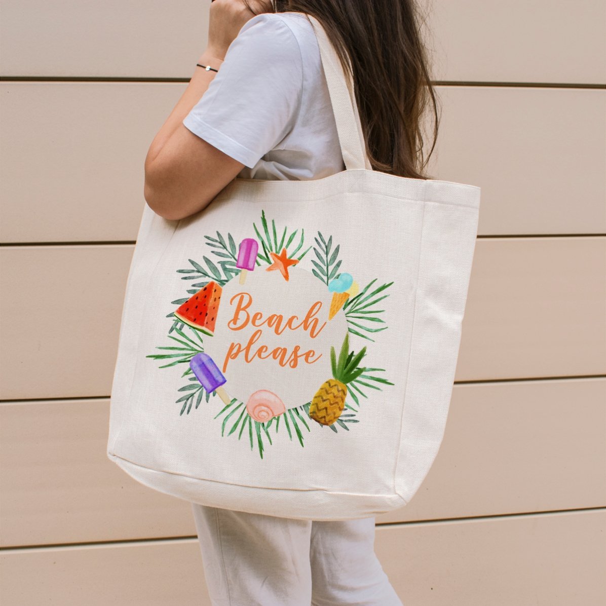 Sac de plage personnalisé avec inscription - Modèle « Beach please » « Summer freeze »