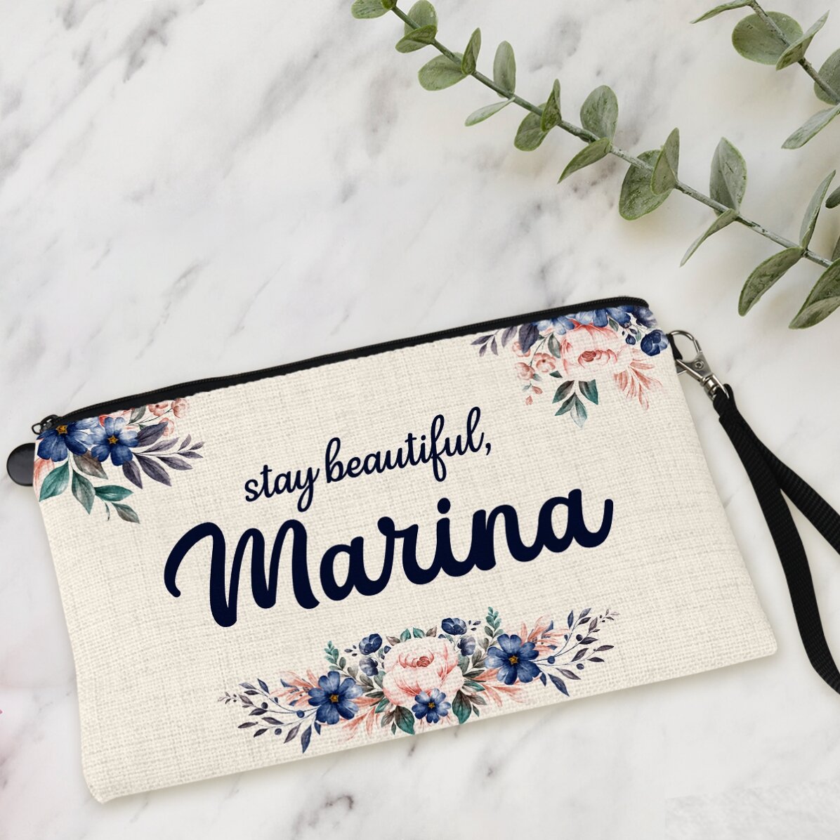 Gepersonaliseerd accessoiretasje met tekst - Floral