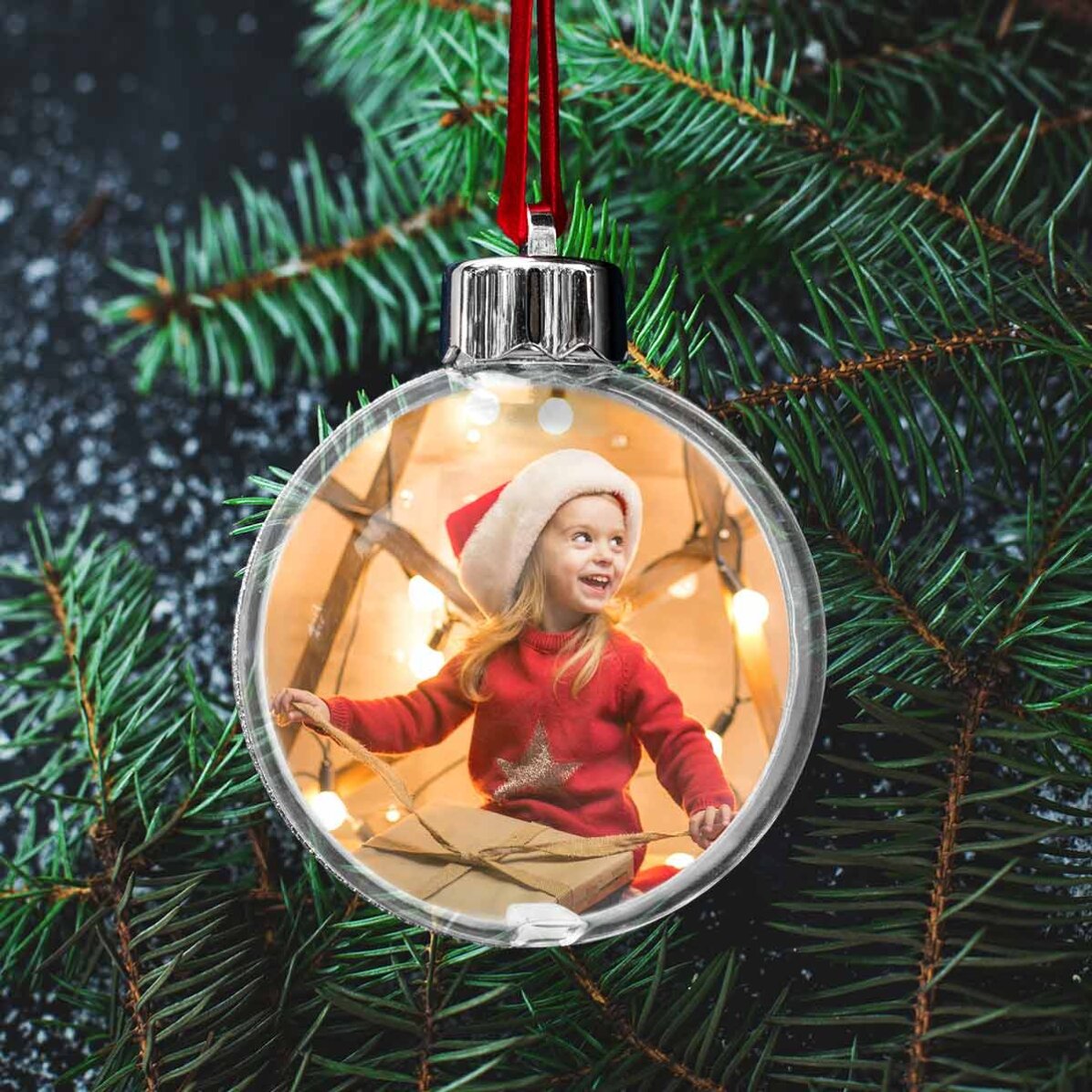 Boule transparente personnalisée recto-verso avec une photo et un message - Joyeux Noël !