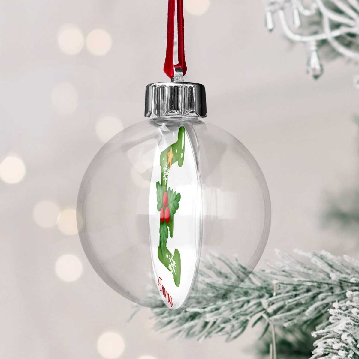 Boule transparente personnalisée recto-verso avec une photo et un message - Joyeux Noël !